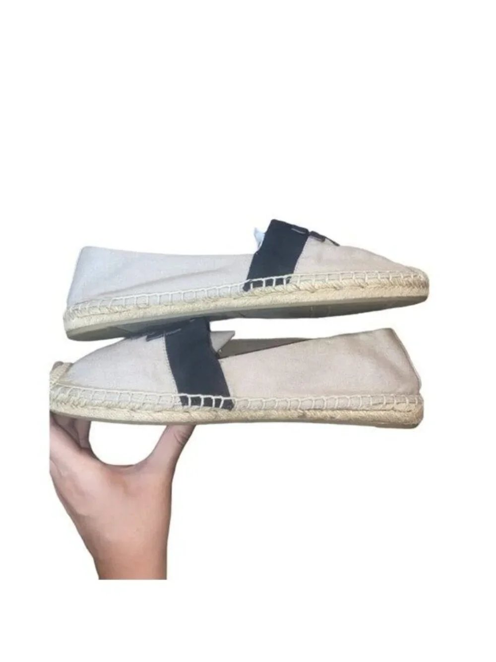 Tory Burch Weston Flat Espadrille Natural Canvas Black/Beige Logo Shoes Size 9